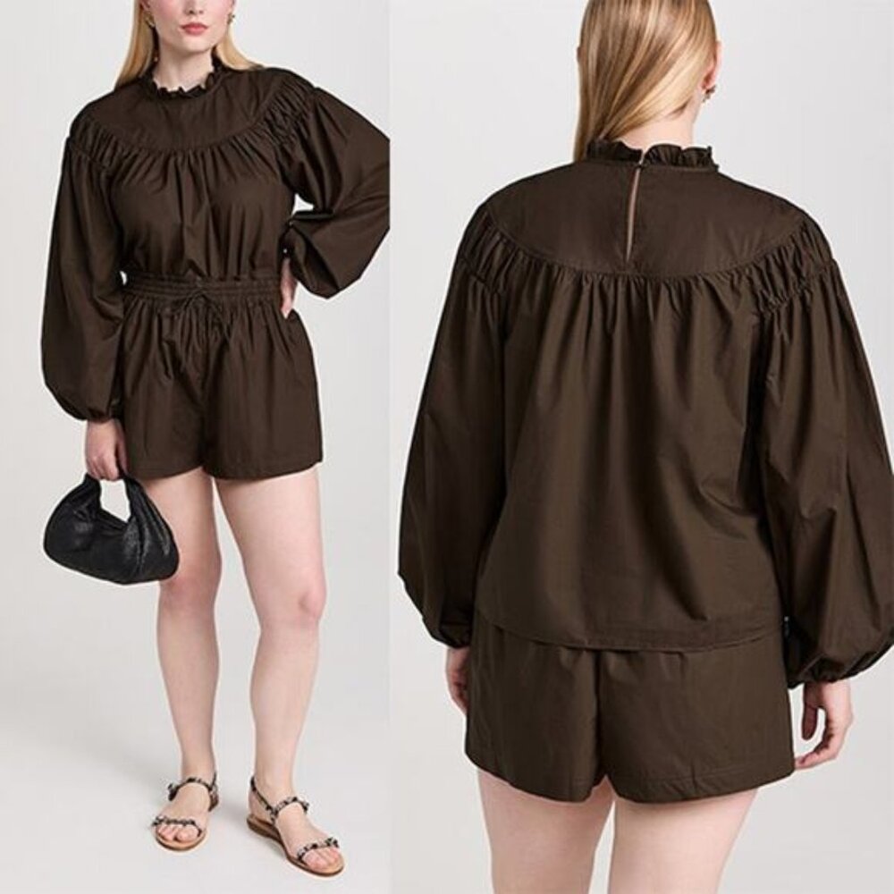 NEW Ulla Johnson Ardith Ruffled Mock-Neck Blouse Top in Militaire Size: 10